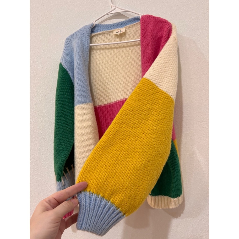 BiBi Kidcore Cardigan M Colorblock Patchwork Knit Dopamine Dressing Boho Sweater - Picture 7 of 14
